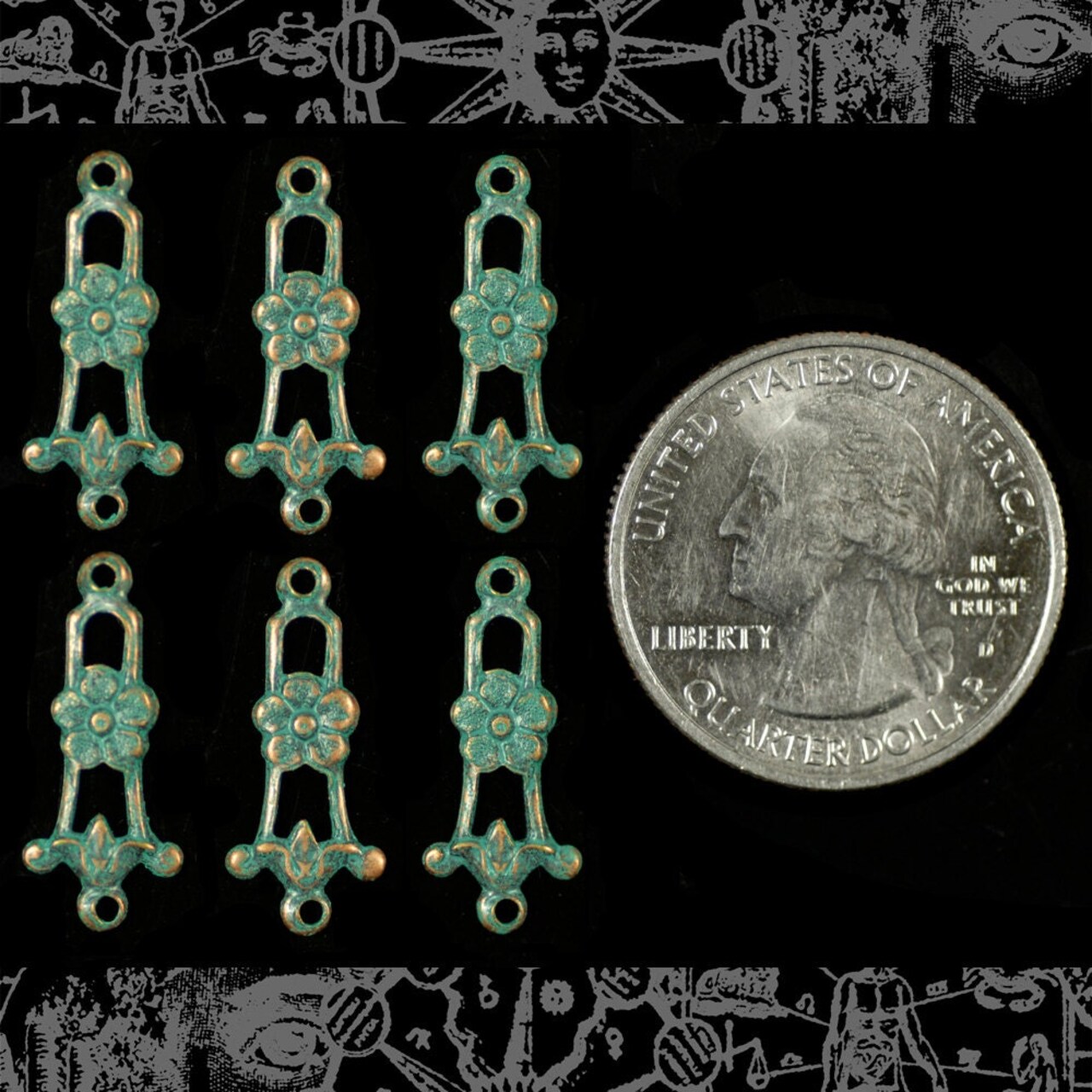 Verdigris Finished Brass Dainty Trellis Floral Connectors - Set of Six - V-2C18